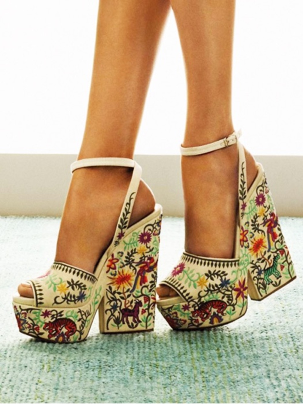 Gianvito Rossi Beige Embroidered Platform Wedge Sandals